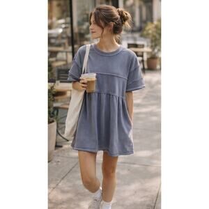 Buttermelon Washed French Terry Mini Dress Blue Casual Oversized Size Small